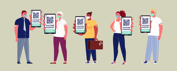 People wearing medical masks prevent the spread of infection. Preventive vaccination against coronavirus. Students, businessmen, men and women with digital certificates, QR code on the phone. Vector. - obrazy, fototapety, plakaty