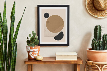 Creative composition of stylish living room interior with mock up poster frame, cacti and personal...