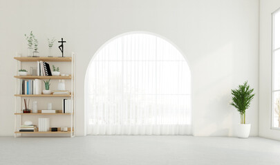 Minimal empty room with arched window and white wall, bookshelf. 3D rendering