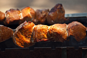 Slice pieces of meat on the grill. barbecue at the festival. Cheese and roasted veal on skewers.