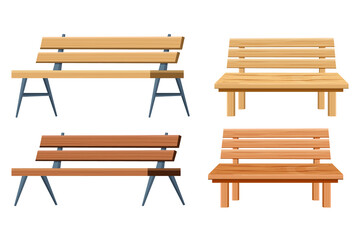 Set of benches, park or garden decorations in cartoon style isolated on white background, wooden detailed and textured collection, different view
