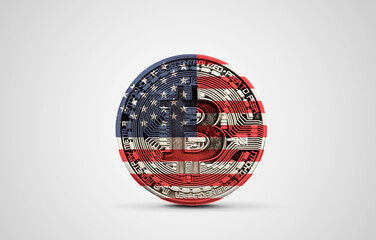 USA flag on a bitcoin cryptocurrency coin. 3D Rendering