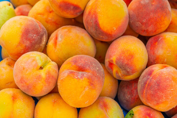 ANTALYA, TURKEY: Sale of peaches in a street market. Grocery traditional Turkish bazaar in Antalya.