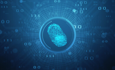Fingerprint integrated in a printed circuit, releasing binary codes. fingerprint Scanning Identification System. Biometric Authorization and Business Security Concept