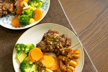 Pork Steak with Basil Sauce and Vegetables