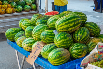 Naklejka premium ANTALYA, TURKEY: Watermelons on sale in a street market. Grocery traditional Turkish bazaar in Antalya.
