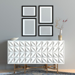 3d interior with a white chest of drawers and four frames.