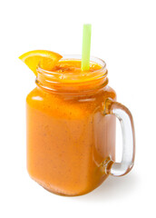 Mango orange banana and kiwi smoothie in a glass jar with a orange slice. Isolated on a white background.