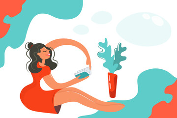 A woman in a bright orange dress with a book in her hands. Cheerful little girl reads a book, energetically turning the pages. Isolated vector. Banner, business card, postcard with place for text.