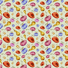 Seamless hand drawn pattern with pumpkins and candles. Good for design of wallpaper, fabric, wrapping paper and more.