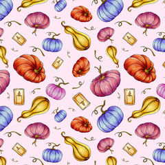 Seamless hand drawn pattern with pumpkins and candles. Good for design of wallpaper, fabric, wrapping paper and more. 