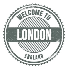 WELCOME TO LONDON - ENGLAND, words written on gray stamp