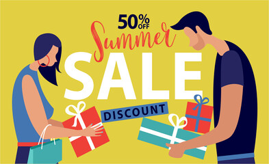 Summer Sale people banner on green background, hot end or mid season 50 percent discount poster.Invitation for shopping, special offer card, template design for promotions. Vector illustration.