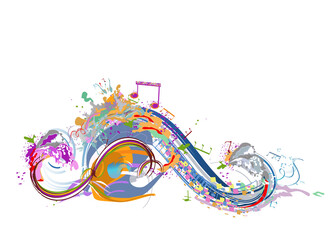 Abstract musical design with a treble clef and colorful splashes, notes and waves.  Colorful treble clef. Hand drawn vector illustration.