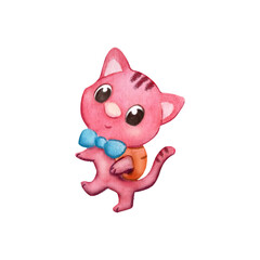 Pink cat with backpack, watercolor clipart on white background. School animal character hand-drawn illustration. Back to school clipart. Cute cartoon kitten isolated