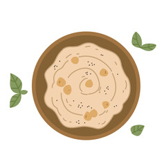 A plate of hummus, chickpea dishes. Healthy vegetarian breakfast in a flat style. International hummus day vector illustration. Isolated vector image on white background. Menu logo