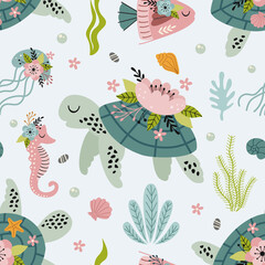  seamless pattern with turtle and sea life © nataka