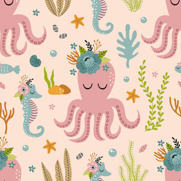 seamless pattern with  octopus and sea horse