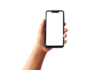 The hand is holding the white screen, the mobile phone is isolated on a white background with the clipping path.