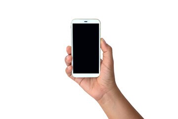 The hand is holding the white screen, the mobile phone is isolated on a white background with the clipping path.