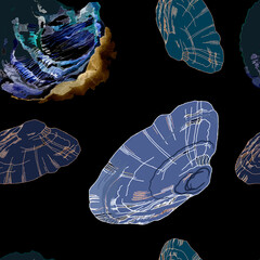 Seashells watercolor isolated on black background seamless pattern for all prints.