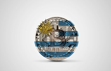 Uruguay flag on a bitcoin cryptocurrency coin. 3D Rendering
