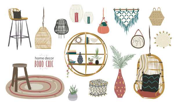 Home decor in boho style. Decoration objects like rattan hanging chair, candle holders, pictures, crochet, puffs, pillows, pots, shelves, mats, plaids, wood stools, lamp... Apartment accesories. 