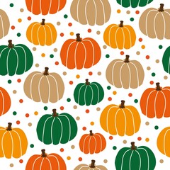 Seamless pattern of colored pumpkins. white background with colored dots.
