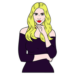 elegant woman with blond long hair with hands on chin.