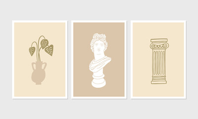 Contemporary aesthetic posters or greeting cards with minimalist illustrations. Ancient Greek Culture Motives. Great for interior decor, wall art, tote bag, t-shirt print.
