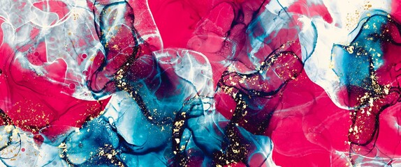 Red and blue abstract alcohol ink background with gold design paths with white parts, hand drawn fluid art, modern wallpapers made with watercolour ink, for print
