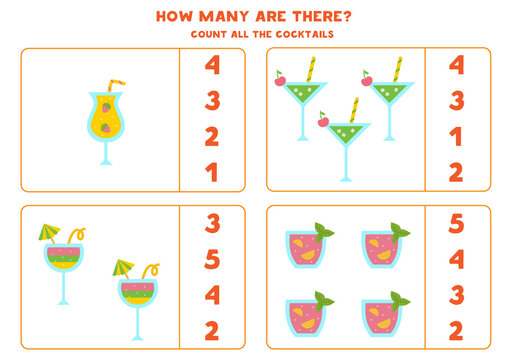 Counting game with cartoon cocktails. Math worksheet.