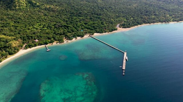 Loh Liang Komodo National Park pier one of the main spots to approach the dragons, Aerial wide orbit shot