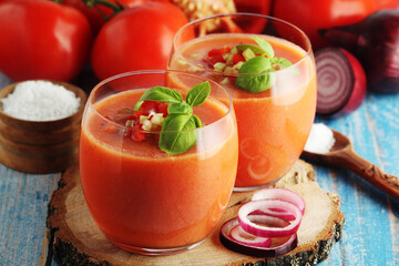 Cold Spanish soup Gazpacho served in glasses