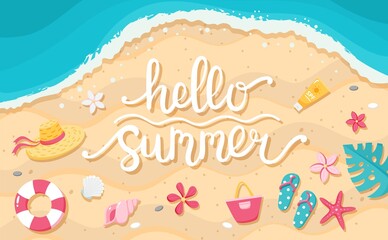Summer sale banner. Hand drawn lettering, beach and cute elements. Template illustration