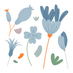 Set of hand drawn doodle vector flowers for decoration, nursery, trending gentle colours