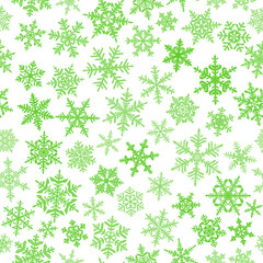Christmas seamless pattern with complex big and small snowflakes, green on white background