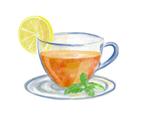 Cup of black Tea with lemon and green mint. Watercolor hand drawn painted illustration of Teacup on white isolated background. Design for menu
