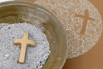 Ashes, Cross and Bible, Ash Wednesday, Lent season, Catholic church, France