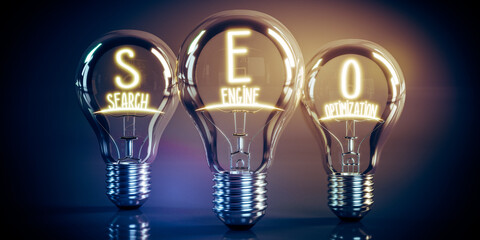 SEO, search engine optimization concept - shining light bulbs - 3D illustration