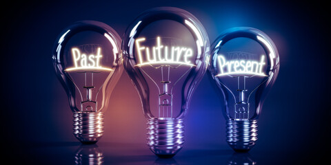 Future, present, past concept - shining light bulbs - 3D illustration