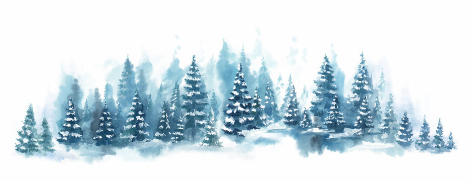 Winter horizontal landscape with snowy background. Watercolor vector Illustration on white background. Blue forest in snow © Leyasw