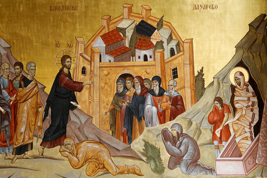 Resurrection fresco of Jesus resurrecting Lazarus, Orthodox Cathedral, Podgorica, Montenegro