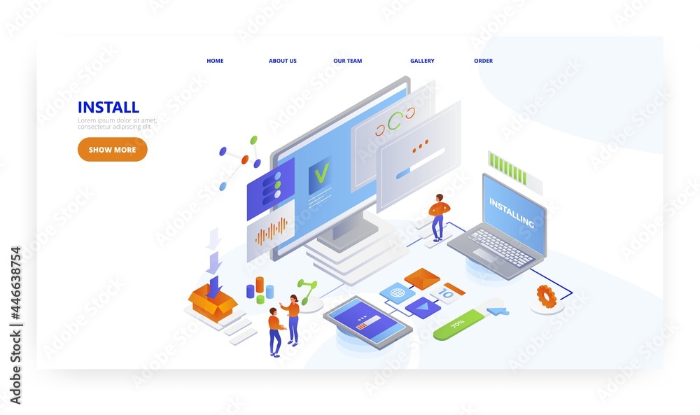 Wall mural install, landing page design, website banner vector template. software programs, apps downloading an