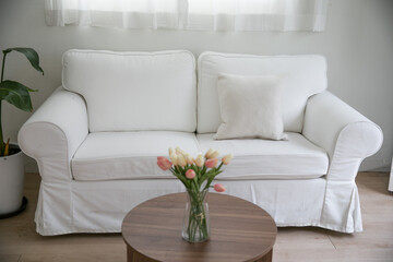 White sofa with window in a white room.
