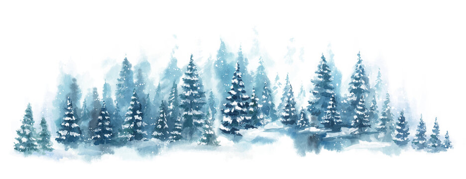 Winter horizontal landscape with snowy background. Watercolor vector Illustration on white background. Blue forest in snow © Leyasw