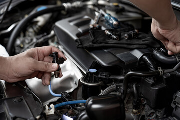 Technician Removing the gasoline  injector part in engine room check dust and test pressure in...