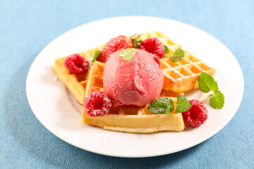 plate with waffles and raspberry ice cream