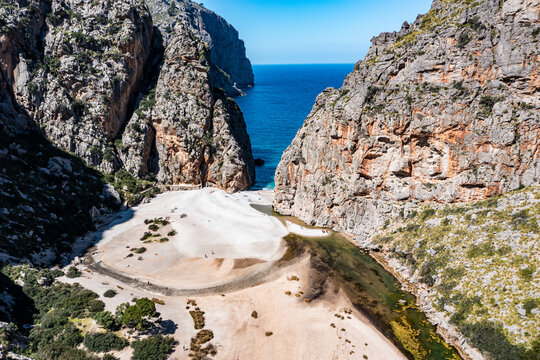 Aerial of Torrent de Pareis, Sa Calobra, Mallorca, Balearic Islands, Spain