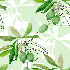 Watercolor olive tree branch.Image on white and colored background.Patten seamless.
